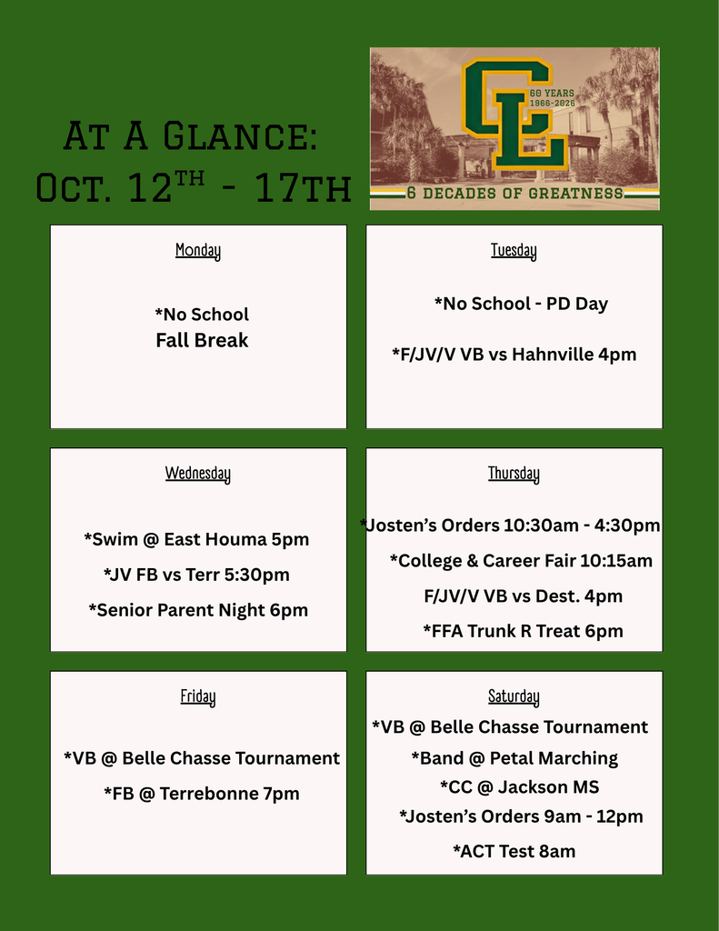 A green background displays a schedule for the week of October 12 to October 17, highlighting school events and activities.