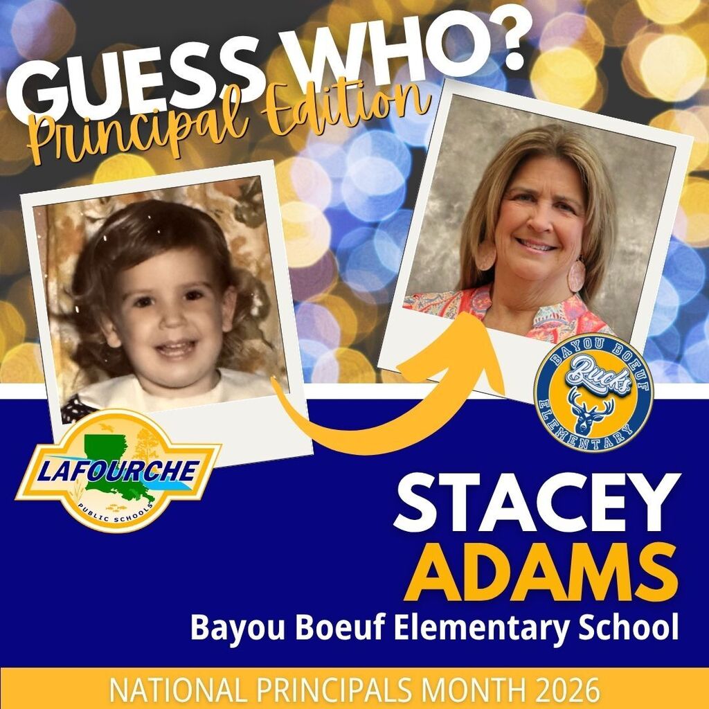 A poster displays a childhood photo of Stacey Adams on the left and a current photo on the right.