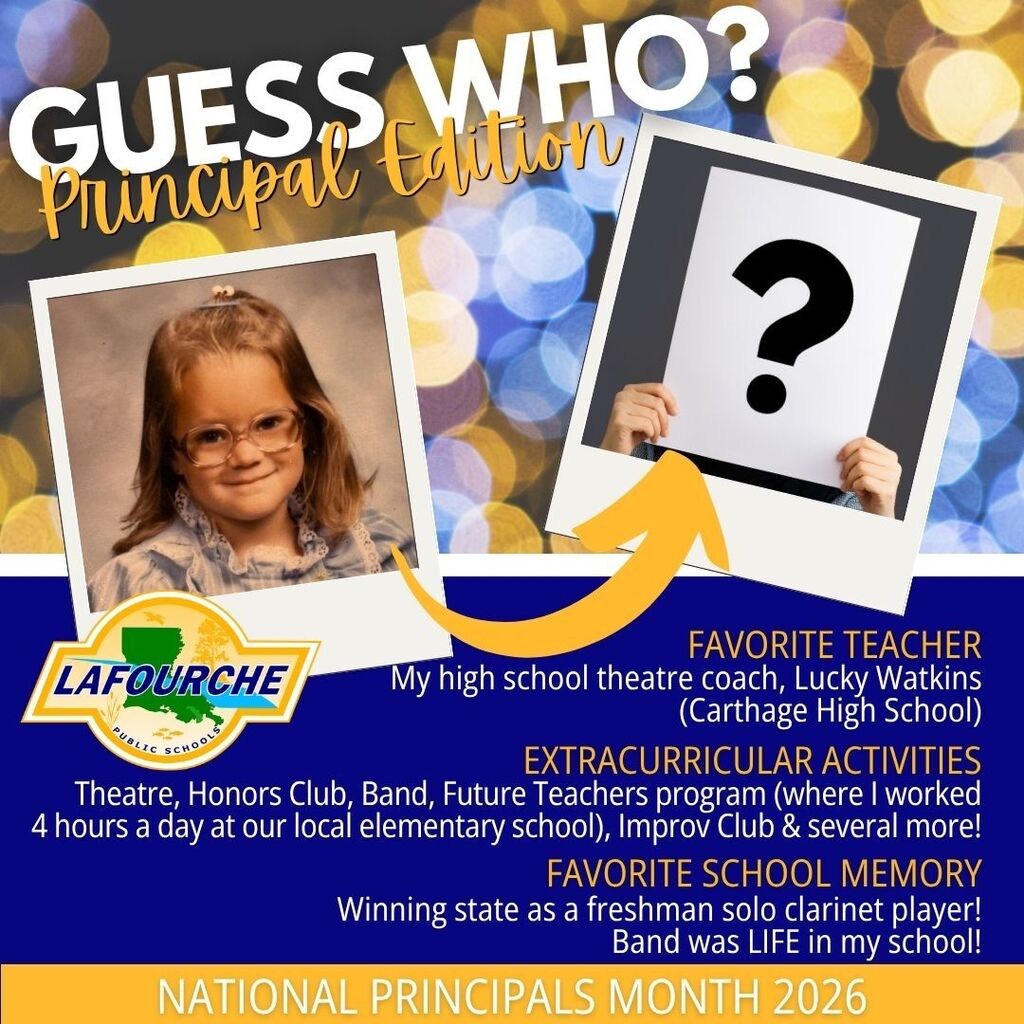 Advertisement poster for Guess Who? Principal Edition. Shows child with eyeglasses and arrow pointing to photo with question mark.