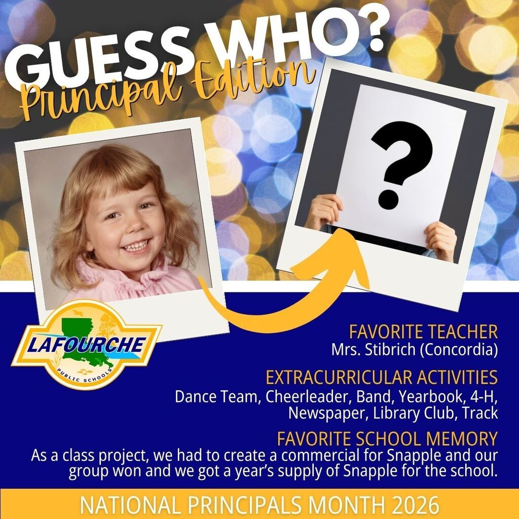 A poster for National Principals Month 2026 featuring a photo of a smiling child and a question mark.