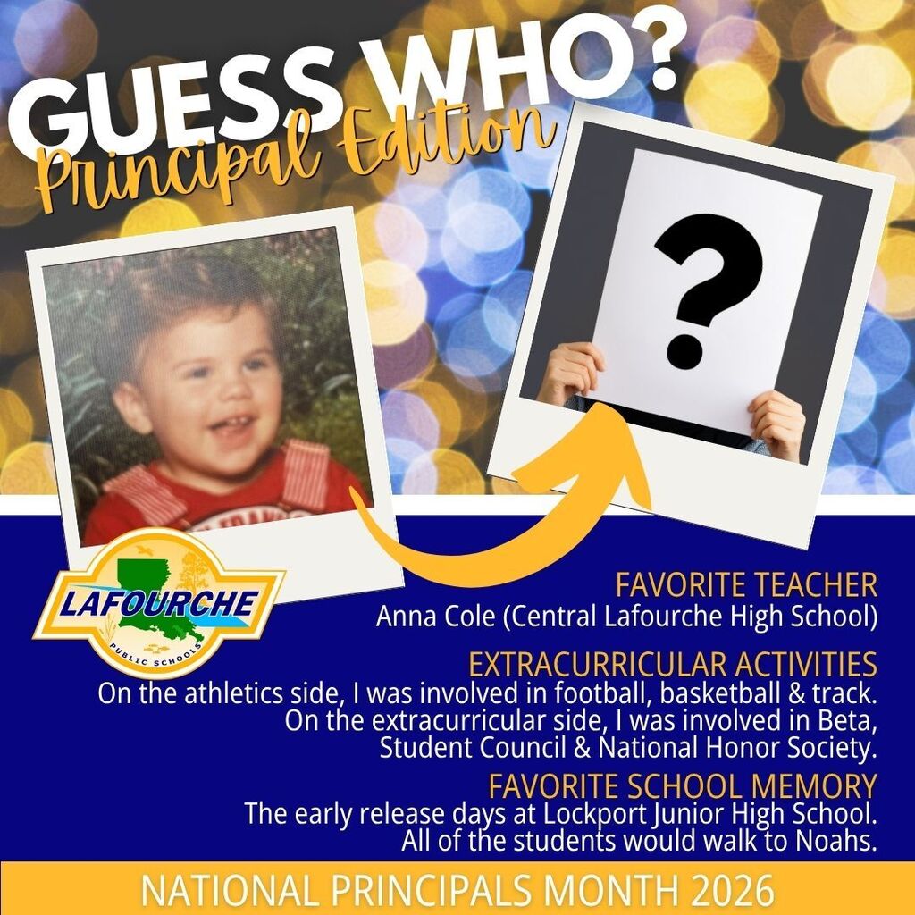 Blue poster with a photo of a young boy, text "Guess Who? Principal Edition", "Favorite Teacher: Anna Cole", "Extracurricular Activities: Football, Basketball, Track, Beta, Student Council, National Honor Society".