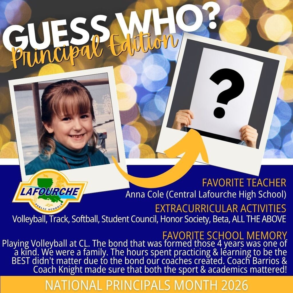 Blue background with white text. A photo of a young girl. Text reads: Guess who? Principal Edition.