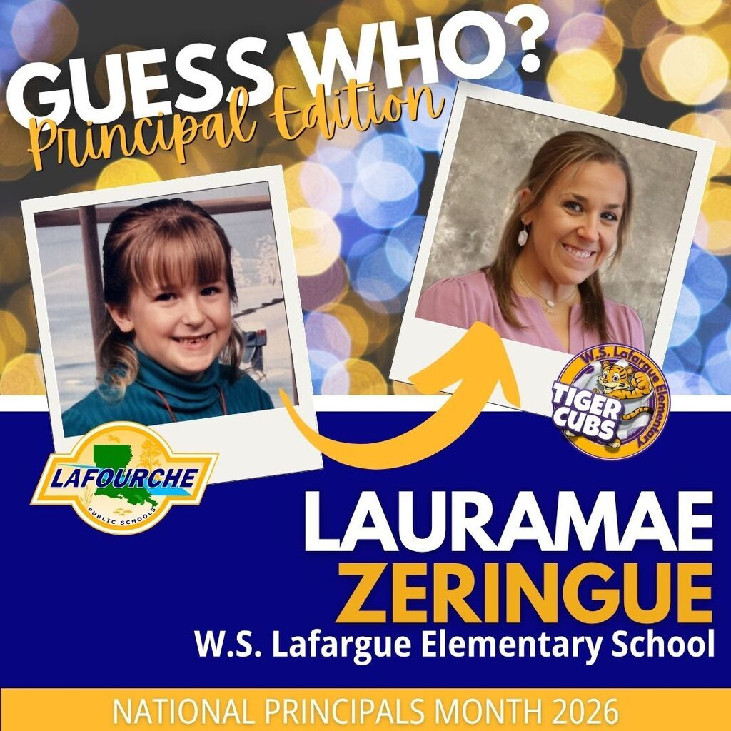 A poster shows two photos. The top is a child, the bottom an adult. It says "Guess Who?" and names "Lauramae Zeringue".