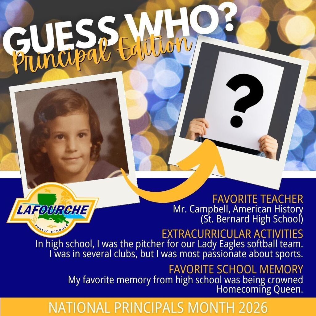 A poster for National Principals Month 2026 features a photo of a child, a question mark, and text.