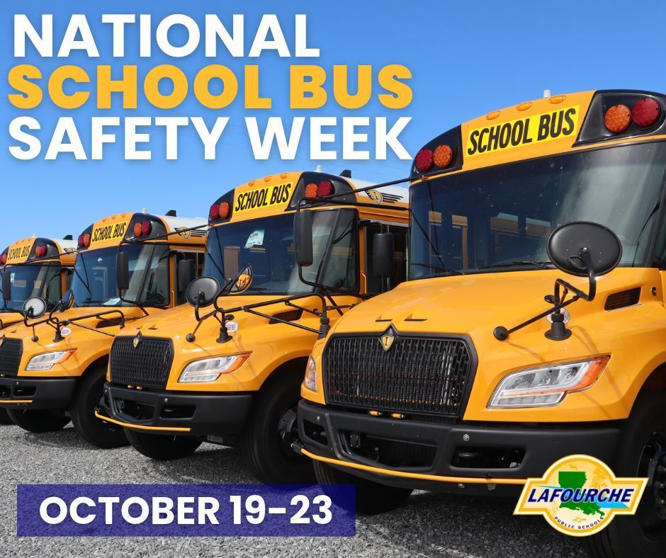 Six yellow school buses parked on a paved lot with the words "National School Bus Safety Week" and "October 19-23" on the bottom.