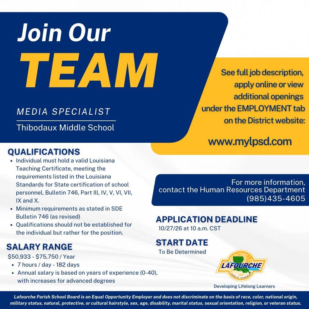 Blue and white poster with "Join Our Team" and "MEDIA SPECIALIST" at top. Information on qualifications, application deadline, start date, salary, and contact info.