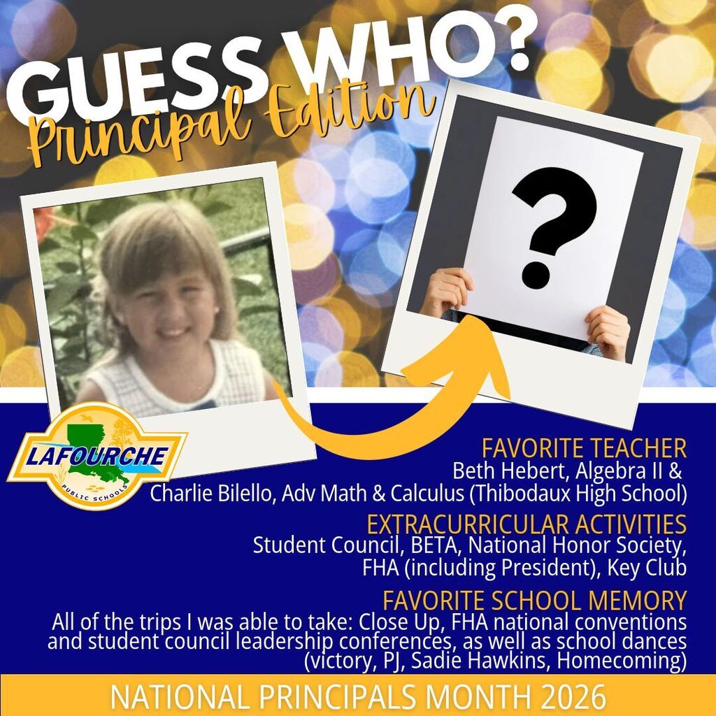 Advertisement with photo of smiling girl. Text reads, "Guess Who? Principal Edition." Bullet points include favorite teacher, activities, and school memories.