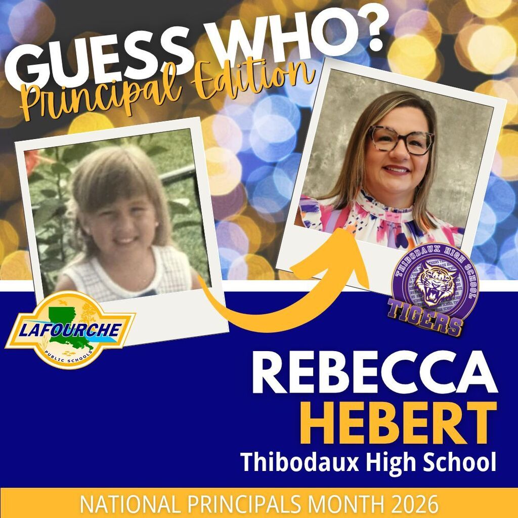 Two photos of women, one smiling, one wearing glasses. Text reads, "Guess Who? Principal Edition." Names, "Rebecca Hebert."