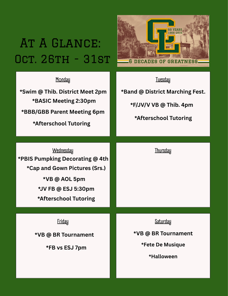 Green banner displays upcoming events with dates from Oct. 26 to Oct. 31. Text includes activity names and times.