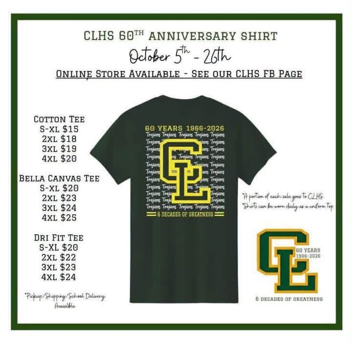 Green and yellow text on black shirts. Information about sizing and price in a grid layout.