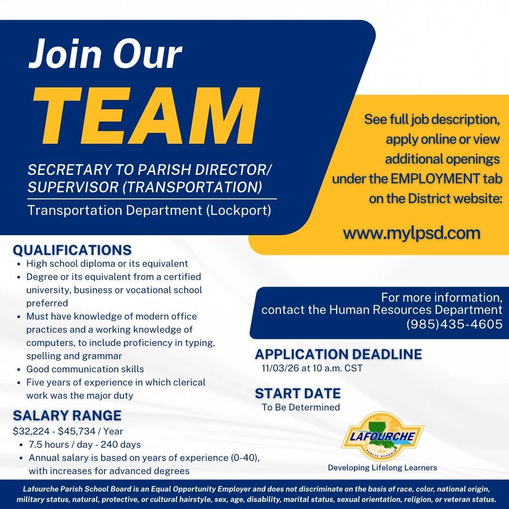 Job flyer for Transportation Department. "Join Our Team" and "Secretary to Transportation Director" in bold text.