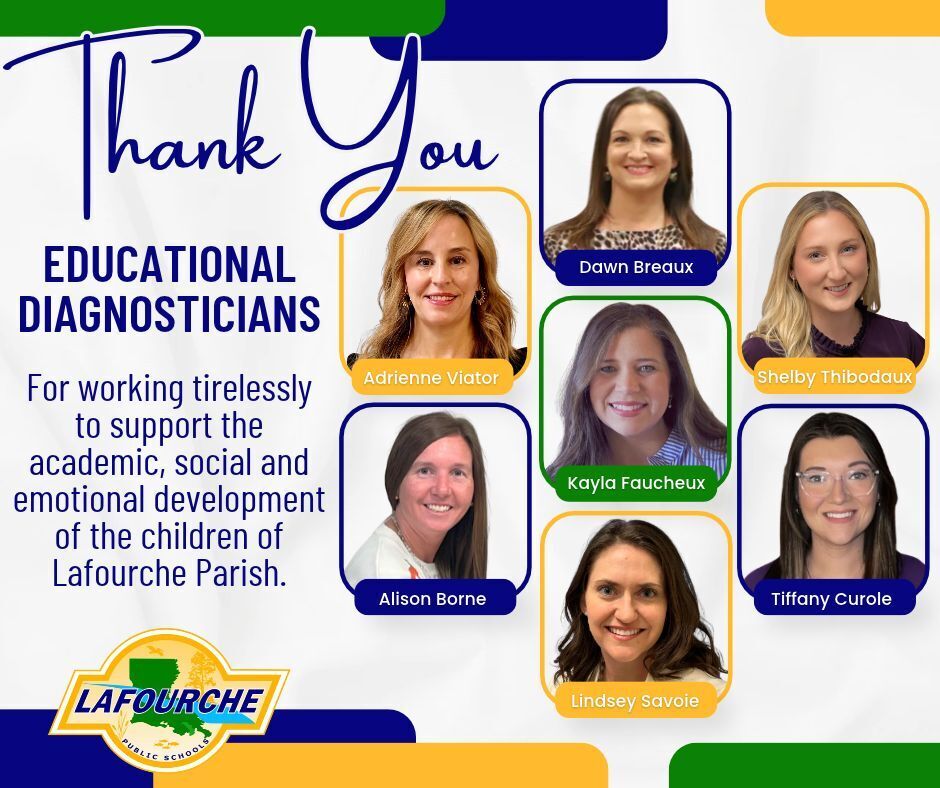 White background with blue, yellow, and green stripes. Text reads "Thank You Educational Diagnosticians." Seven women with smiling faces and names below them.