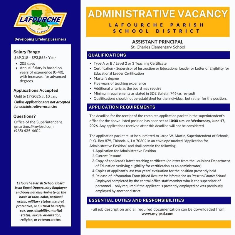 A promotional job vacancy flyer  for Lafourche Parish School District, featuring a blue vertical sidebar on the left and a larger white column for job specifics on the right.