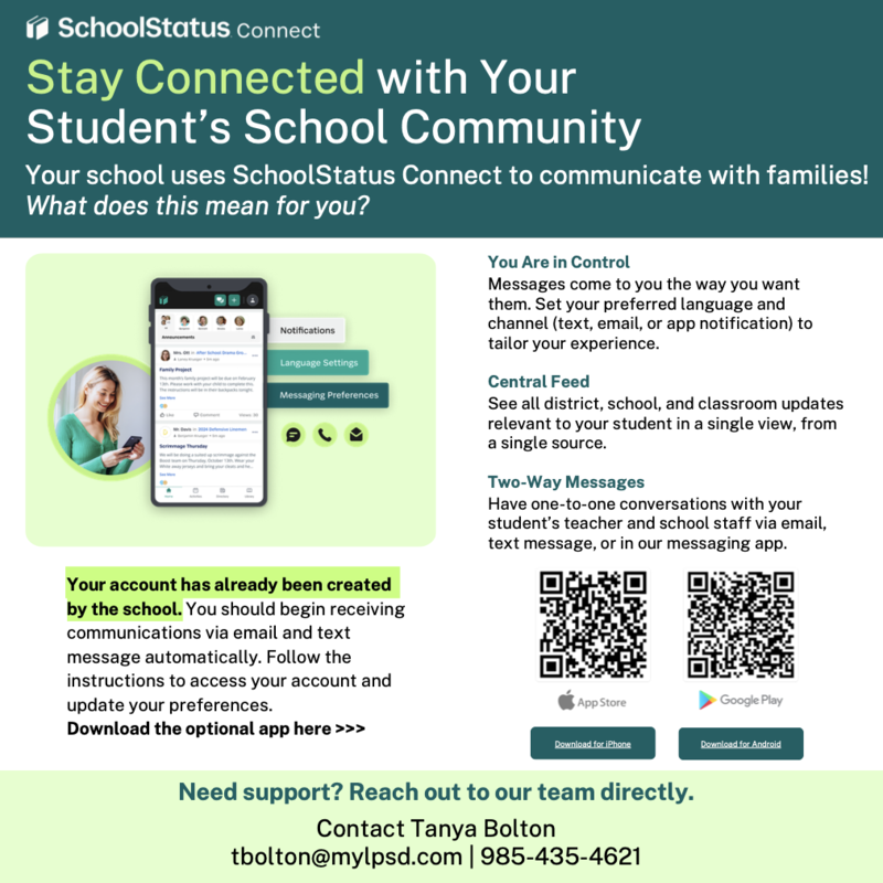 Green flyer with information about the School Status Connect app. 