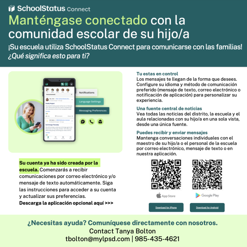 Green flyer with information about the School Status Connect app in Spanish. 