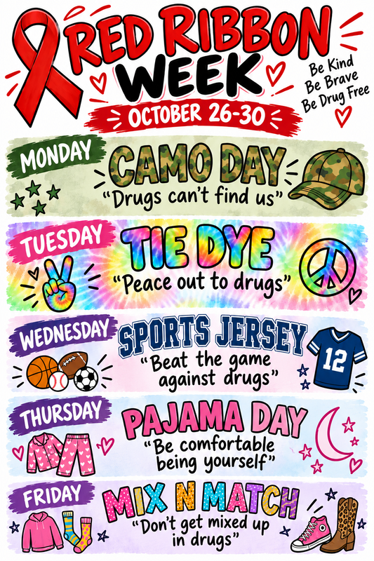 Red Ribbon Week flyer with dress up themes.