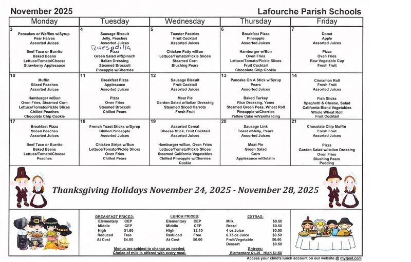 November Cafeteria Calendar