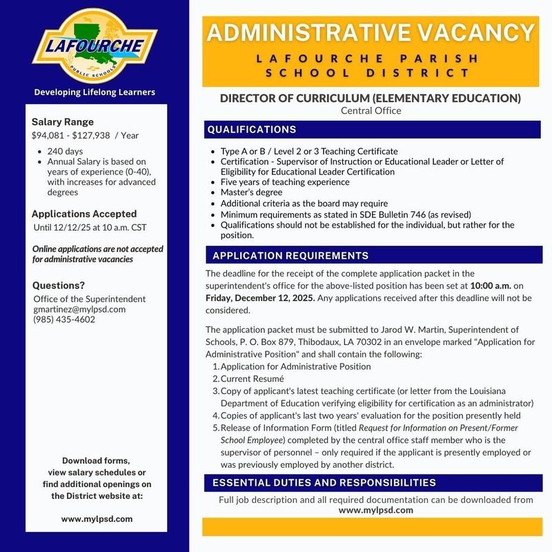 Job posting for Director of Curriculum (Elementary Education)