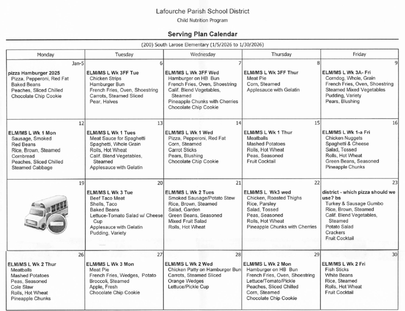 January Lunch Cafeteria Calendar