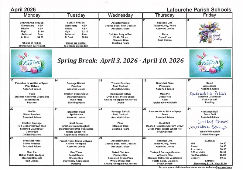 April 2026 cafeteria calendar