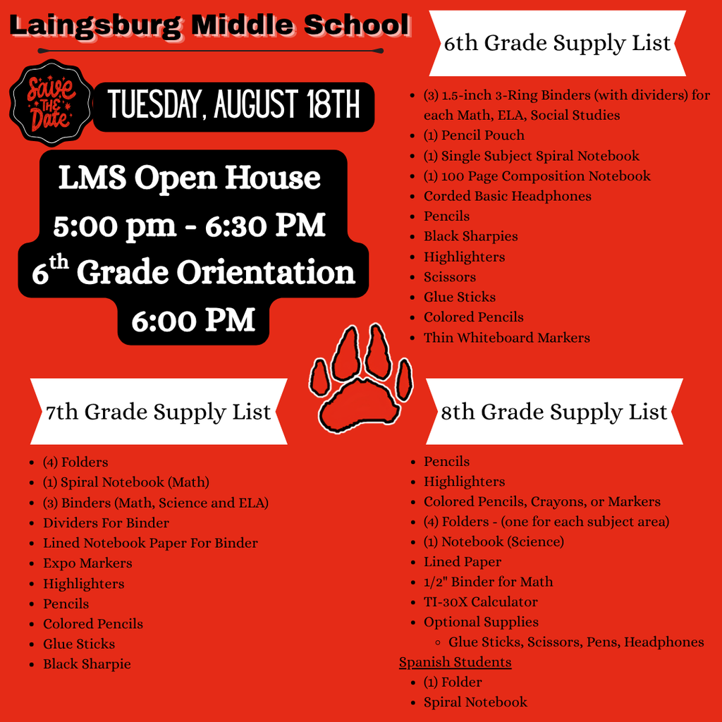 Image with text listing grade level school supplies