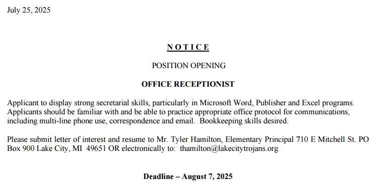 Receptionist needed