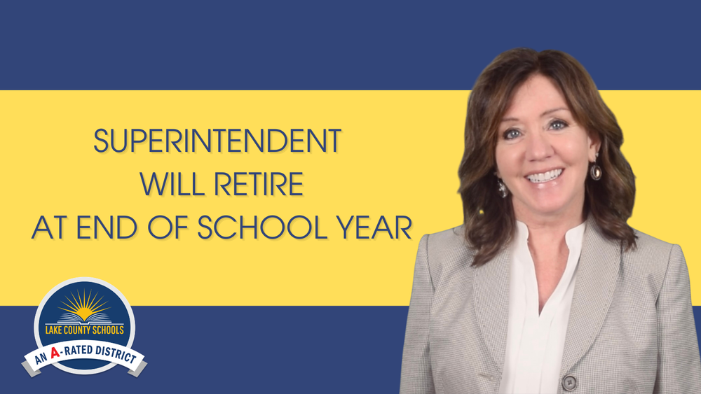 Photo of Diane Kornegay against a blue and yellow background. Wording says, "Superintendent Will Retire at End of School Year." District logo in bottom left corner