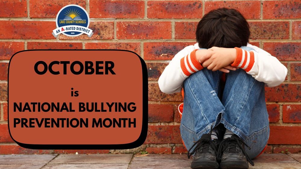 Boy sitting on sidewalk in front of brick wall with forehead on knees and arms covering his head. Wording: October is National Bullying Prevention Month