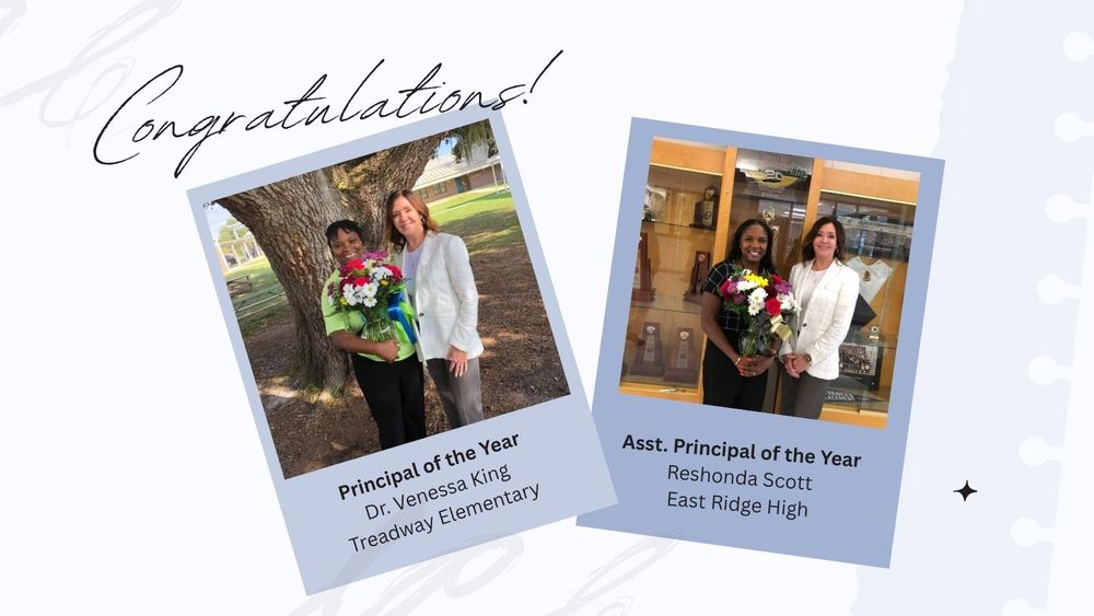 Picture of Dr. Venessa King with Superintendent holding a bouquet and Reshonda Scott with Superintendent holding a bouquet. Congratulations written at the top. 