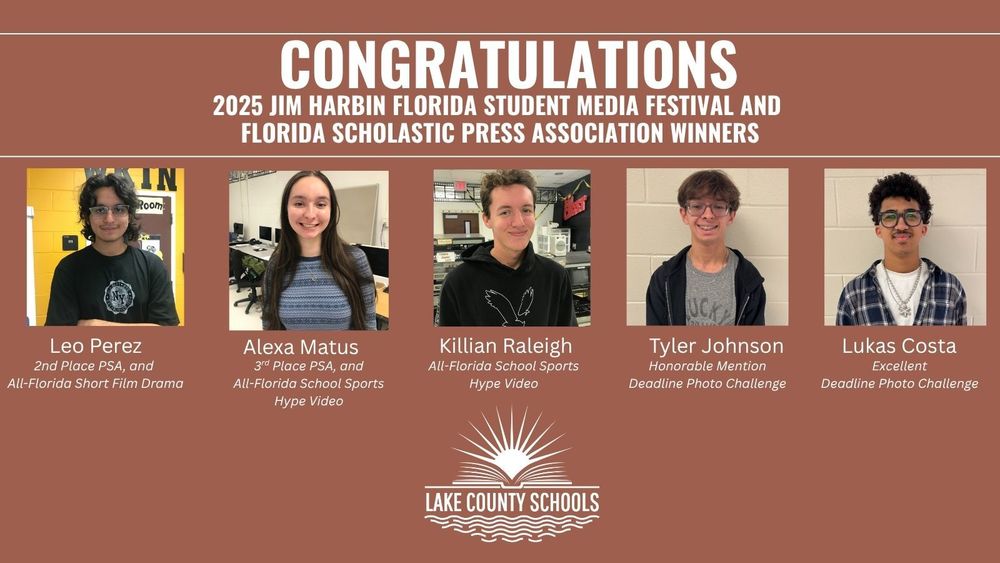 5 student headshots."Congratualations 2025 Jim Harbin Florida Student Media Festival and Florida Scholastic Press Association Winners"