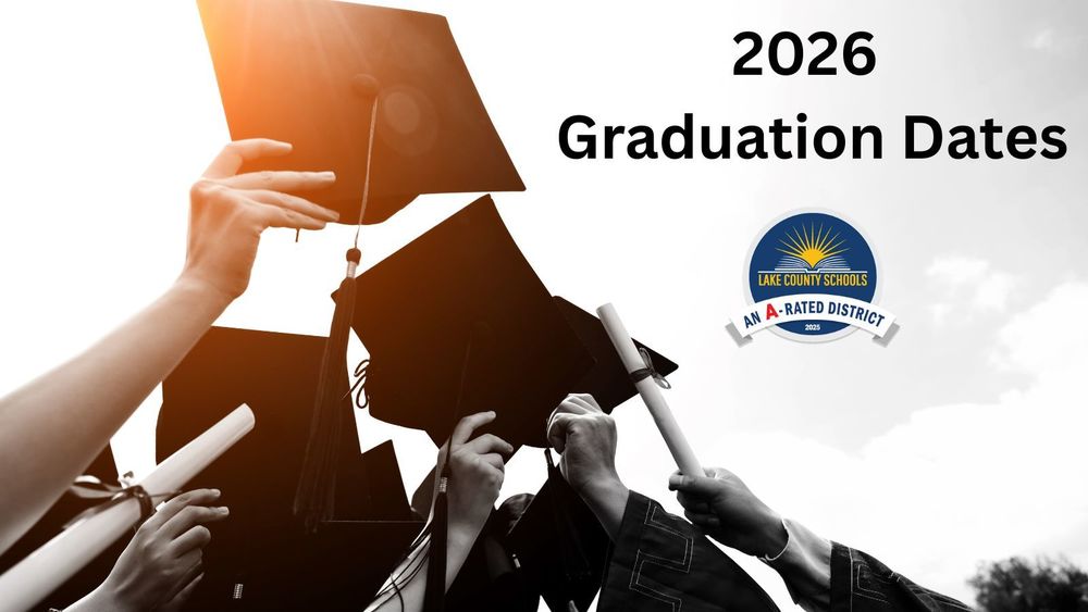 Hands holding mortar boards and rolled papers with ribbon on them up in the air. Wording: "2026 Graduation Dates" with LCS logo