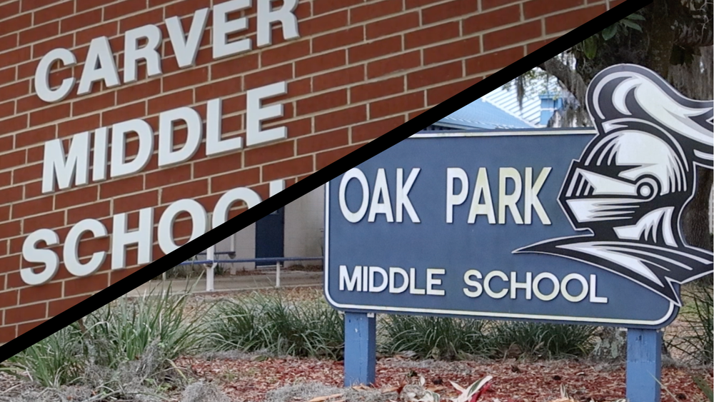 Photo shows front of Carver Middle School with school name on a brick wall, and signage at Oak Park Middle School with the school name and Silver Knight mascot on it.