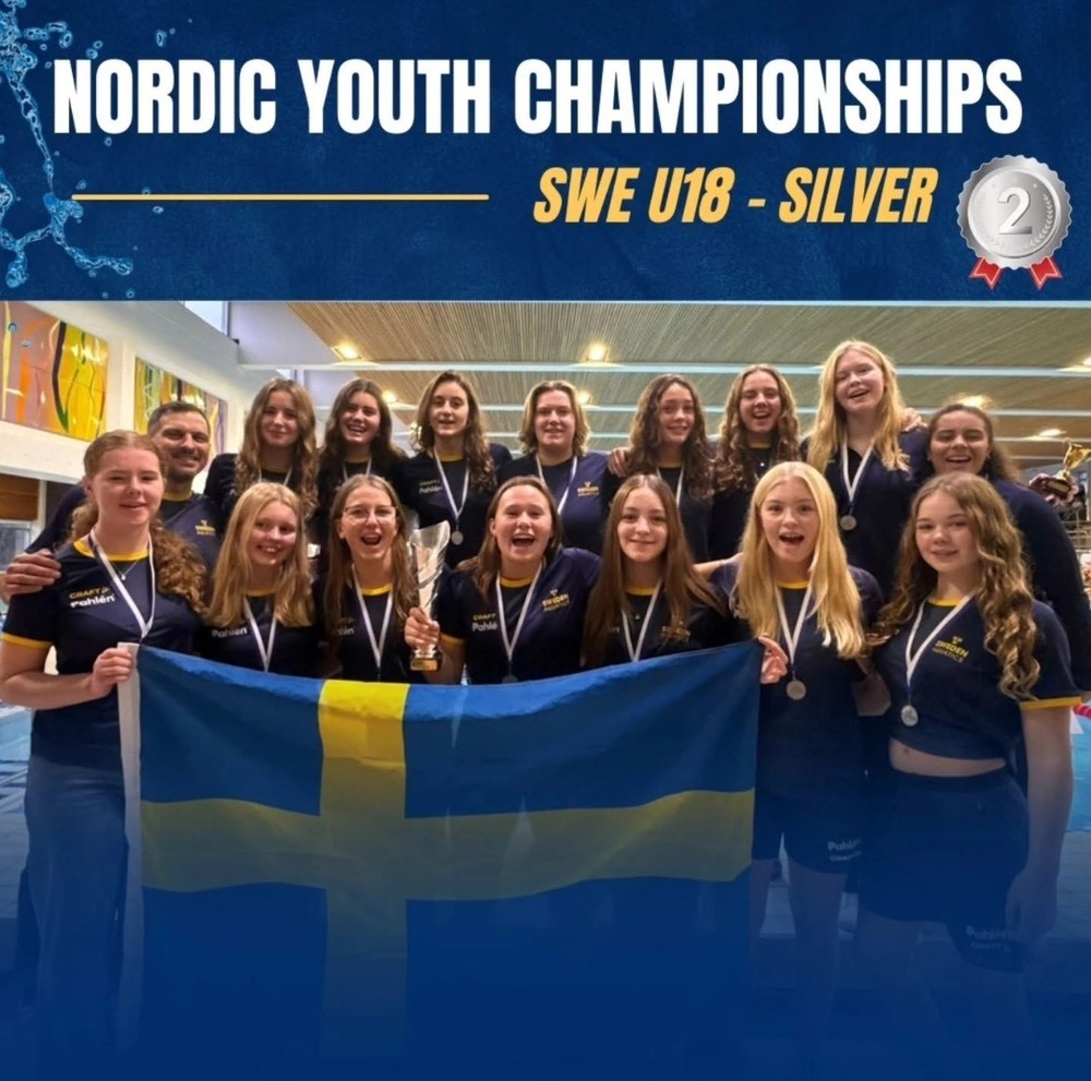 Teen female athletes wearing medals and holding a Swedish flag. Wording says, "Nordic Youth Championships SWE U18-Silver"