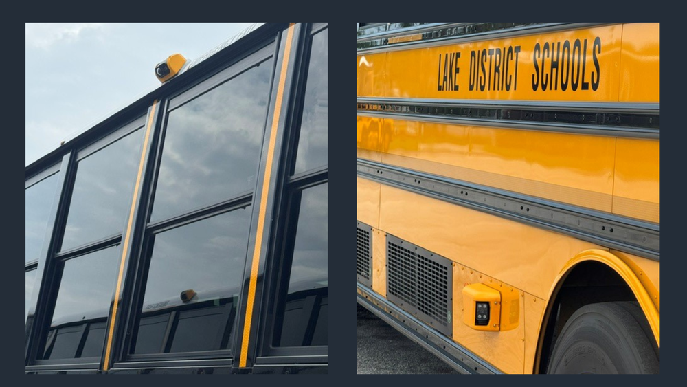 An image of a small camera at the top of school bus windows, and another with the camera near the tire well of a bus marked "Lake District Schools"