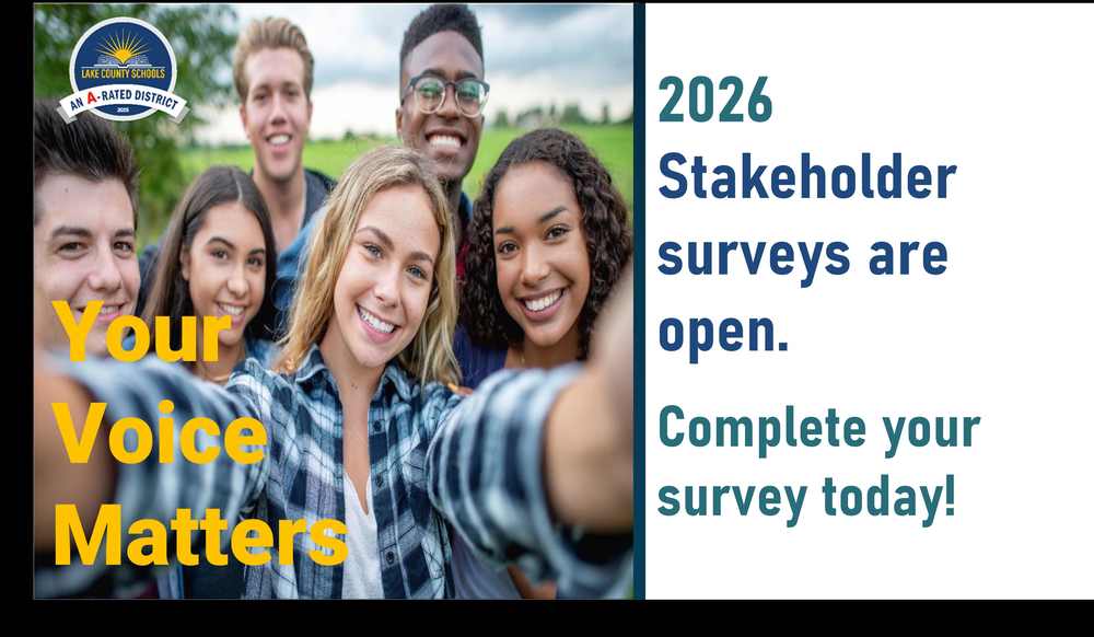 Post group of 6 teens. Wording says "Your Voice Matters. 2026 Stakeholder surveys are open. Complete your survey today."