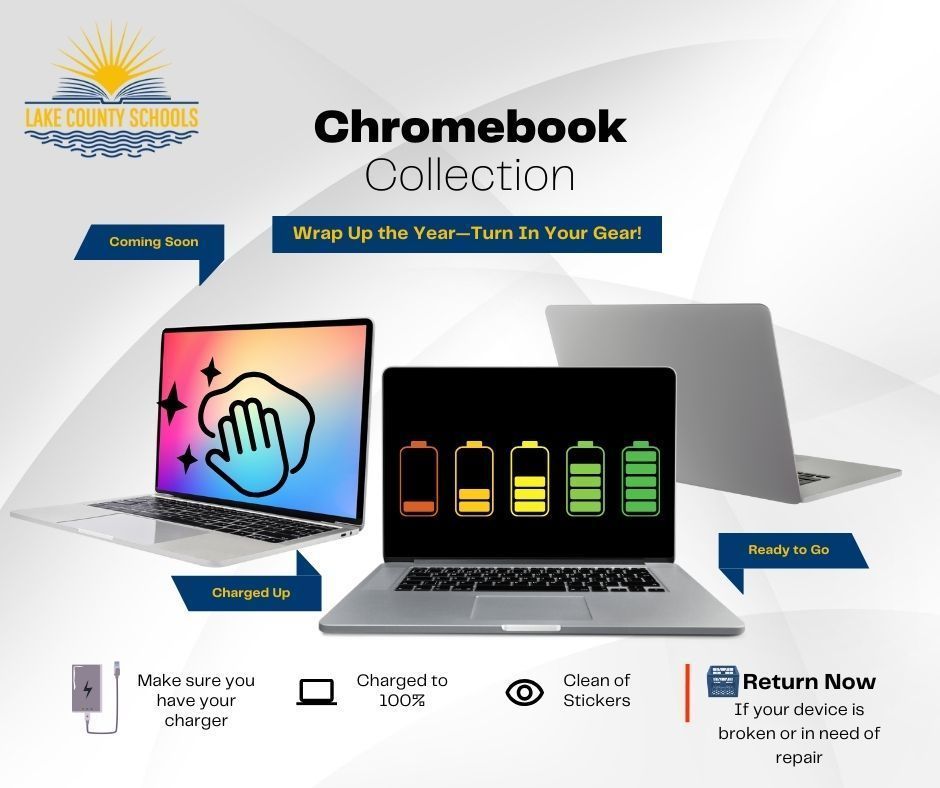  Lake County Schools Chromebook Collection flyer. The header reads “Chromebook Collection” with the tagline “Wrap Up the Year—Turn In Your Gear!” Three Chromebooks are shown: one with a sparkle-cleaning icon labeled "Charged Up," one showing battery icons labeled "Charged to 100%," and one closed and labeled "Ready to Go." At the bottom are icons and reminders: “Make sure you have your charger,” “Charged to 100%,” “Clean of Stickers,” and “Return Now if your device is broken or in need of repair.”