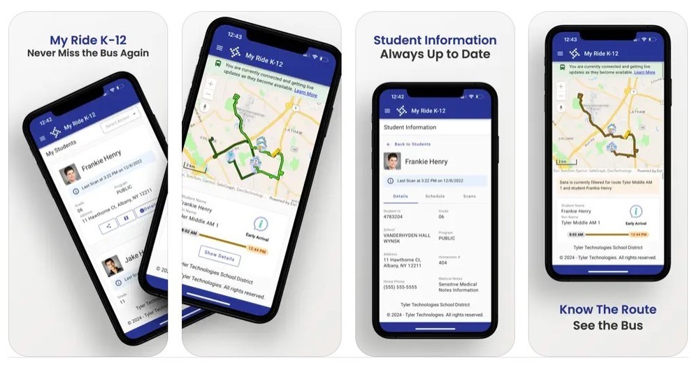 Cell phone screens showing what the My Ride K-12 app looks like. Wording says My Ride K-12, Never Miss the Bus Again... Student INformation Always Up to Date, Know the Route, See the Bus