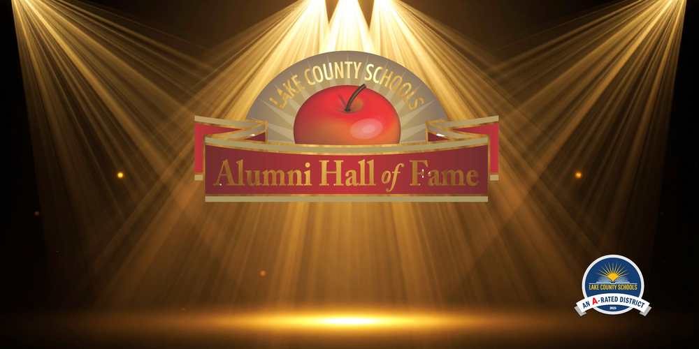 Lake county Schools Alumni Hall of Fame logo on dark background with three-way spotlights