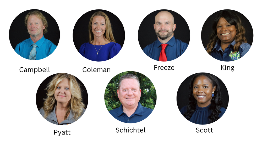 Headshot photos with last names printed underneath each one: Campbell, Coleman, Freeze, King, Pyatt, Schichtel, Scott