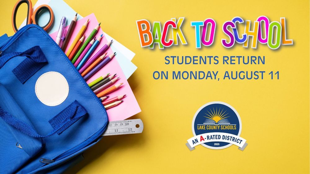 Blue backpack with colored pencils, a ruler, paper , and scissors sticking out. Wording says Back to School. Students return on Monday, August 11