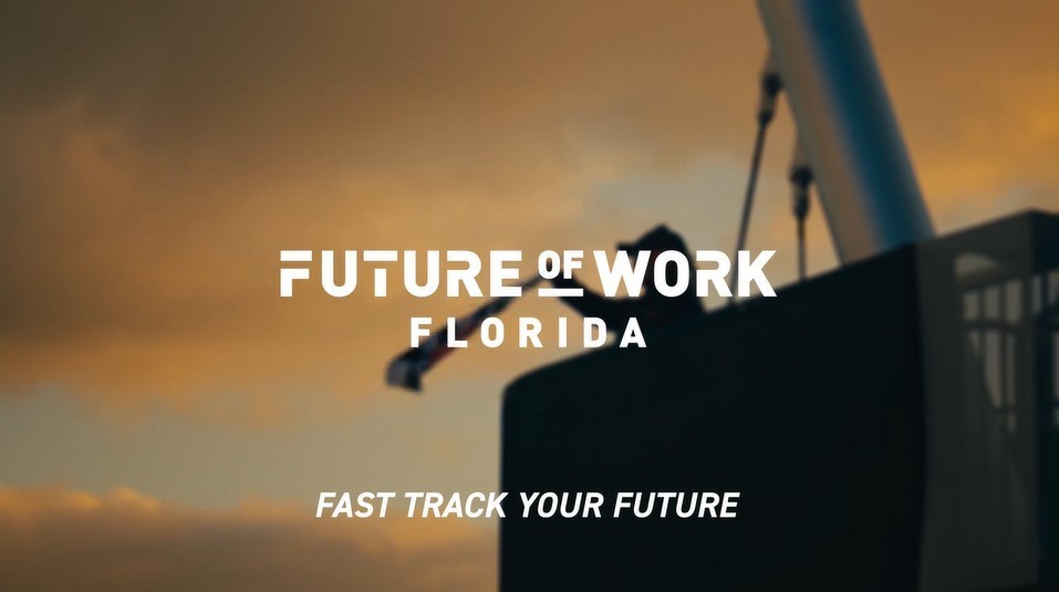 Auto worker in background with wording that says Future of Work Florida, Fast Track Your Future