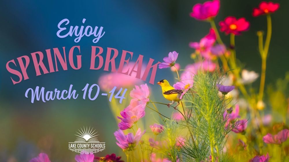 Flowers and a bird with wording that says "Enjoy Spring Break, March 10-14"