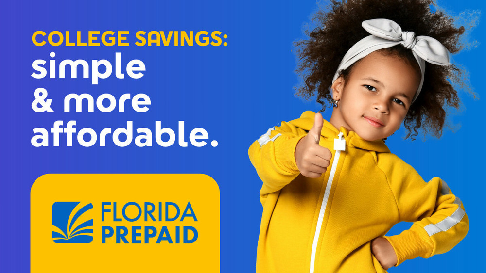 Girl in yellow jumpsuit with thump up. Wording: "College savings: simple and more affordable. Florida Prepaid."