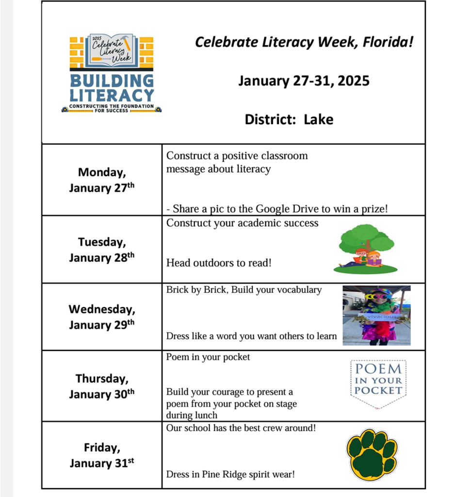 Lilteracy Week Line-up January 27th thru the 31st.
