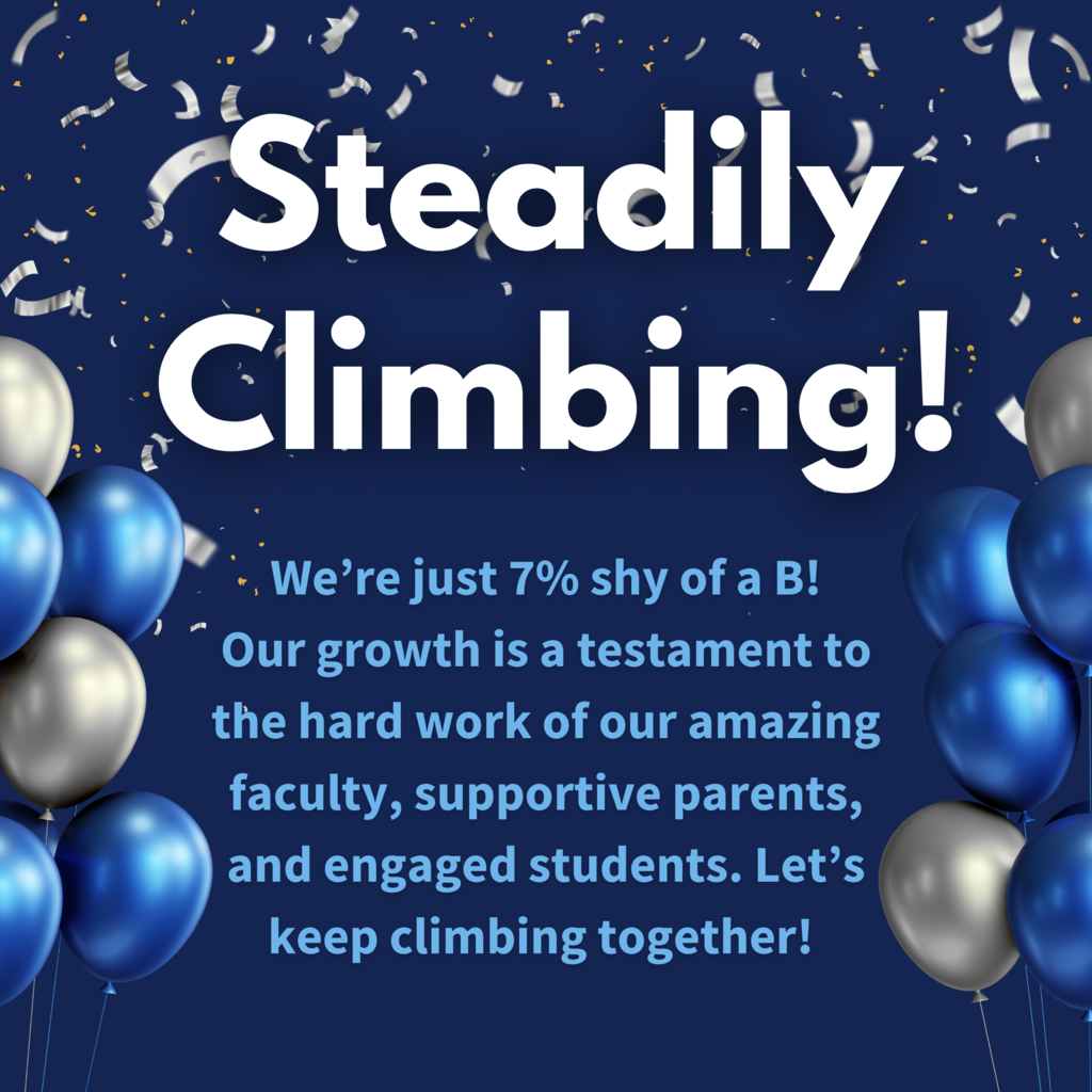 Steadily Climbing! We’re just 7% shy of a B! Our growth is a testament to the hard work of our amazing faculty, supportive parents, and engaged students. Let’s keep climbing together!