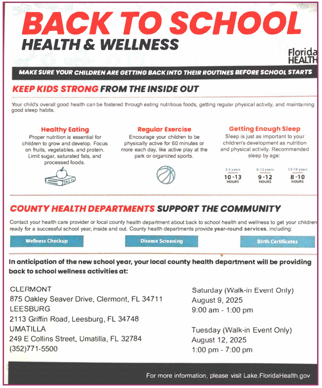 Flyer for the Florida Department of Health in Lake County advertising free back-to-school clinics on August 9 and August 12, 2025. The flyer lists clinic locations in Umatilla, Clermont, and Leesburg and notes that services include school immunizations, physicals, and DH 680 forms for students entering or transferring schools. It states that appointments are required and provides the contact number 352-771-5500 to schedule.