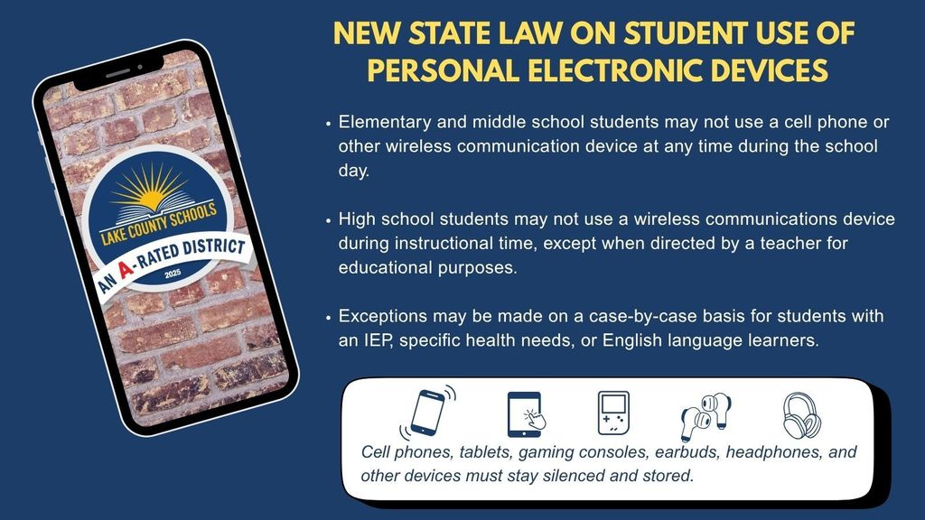 New state law on student use of personal electronic devices. Image shows a cell phone with the LCS logo against a brick wall on the phone screen.