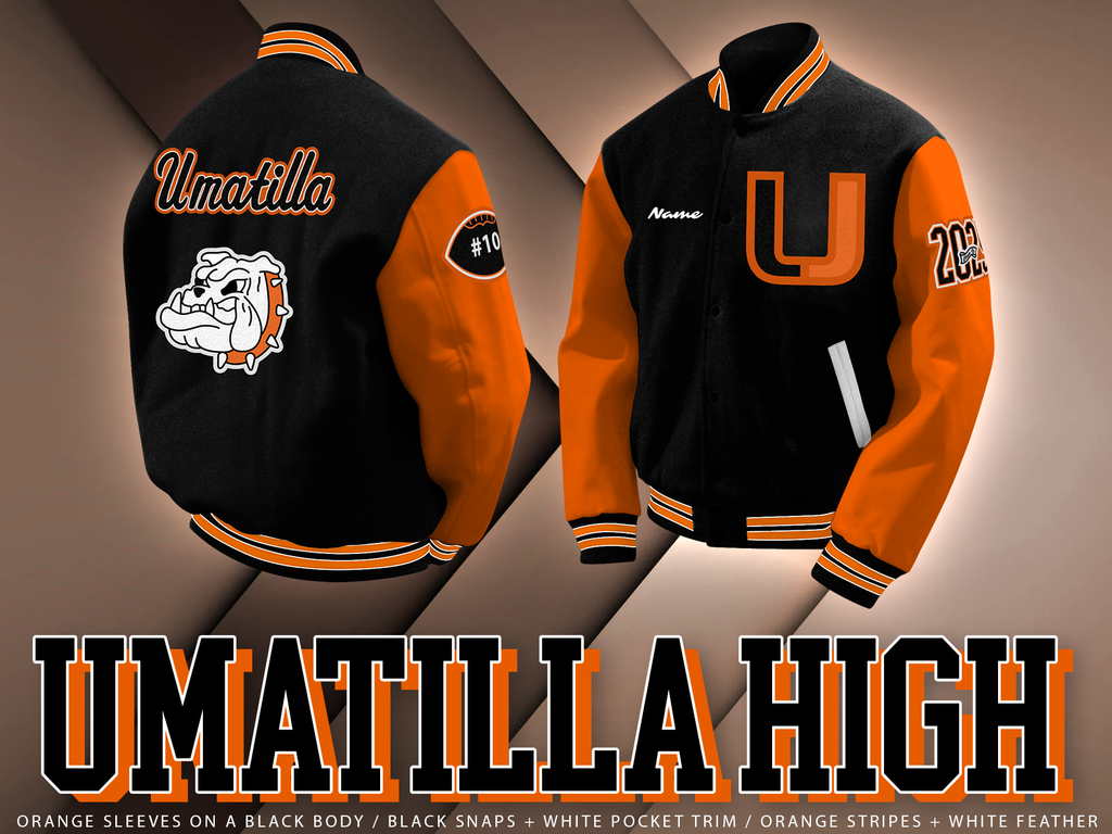 Good morning Umatilla Families, We have scheduled Herff Jones to be on campus Friday, August 29th during lunches in the (not sure what you call area by Ms. Archer) for varsity athletes to order and get sized for letterman jackets! Please see the attached brochure with jacket options. Students can choose the sleeves to be black, white or orange. Students will need to bring their varsity letter and a $100 deposit to place your order. Final payment can be made when the jackets are ready. If you have any questions, please contact our Herff Jones rep, Mark Satterfield on his cell at 818-635-8776 or by email at mark@hjproud.com.