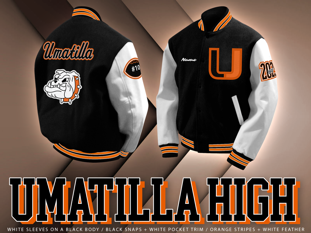 Black and white varsity jacket with orange accents for Umatilla High School. The back features the word “Umatilla” in orange script above a large bulldog mascot graphic. The front has a large orange letter “U” on the left chest and space for a name on the right chest. One sleeve displays “2024” with a bulldog graphic, and the other has a football-shaped patch with “#10.” The jacket has striped orange, black, and white trim on the collar, cuffs, and waistband. Text at the bottom reads: “Umatilla High. White sleeves on a black body / black snaps + white pocket trim / orange stripes + white feather.”