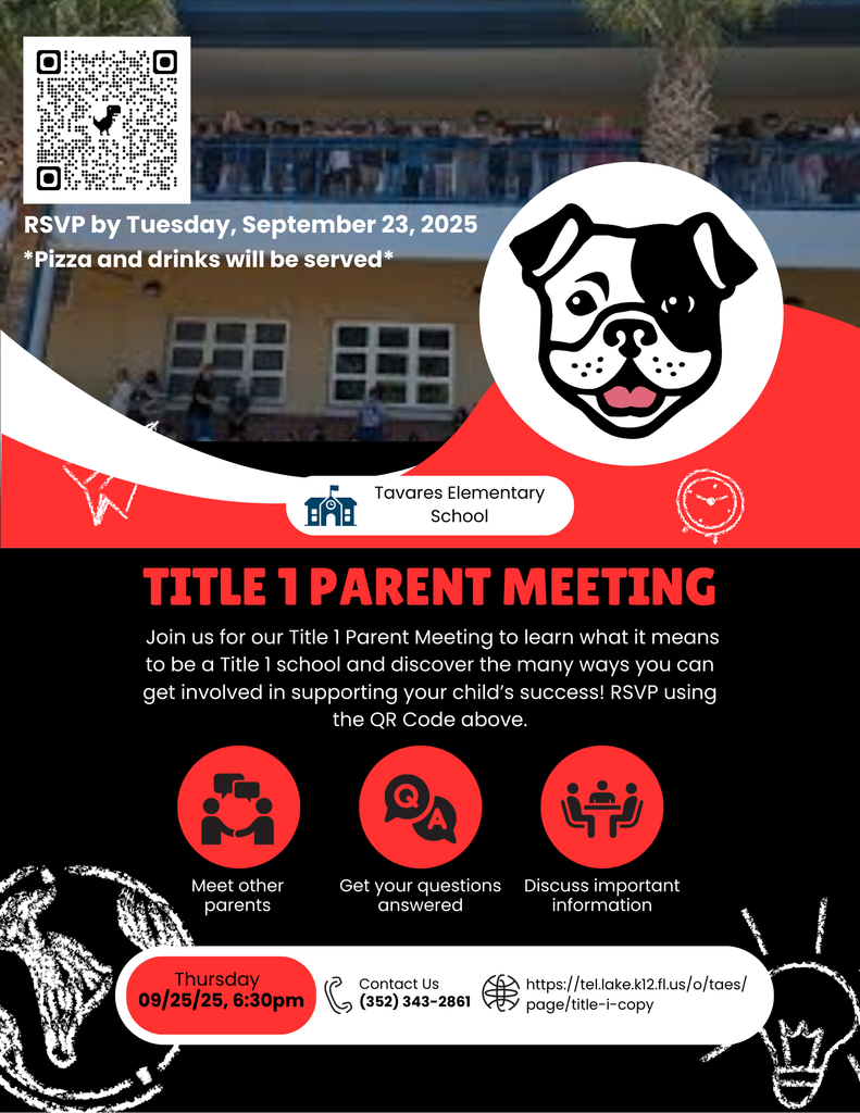 Flyer inviting families to the Title 1 Parent Meeting on Thursday, September 25, from 6:30–7:00 PM in the school cafeteria, immediately following the SAC and PTO meetings. The flyer notes that pizza and drinks will be served and asks families to RSVP by Tuesday, September 23